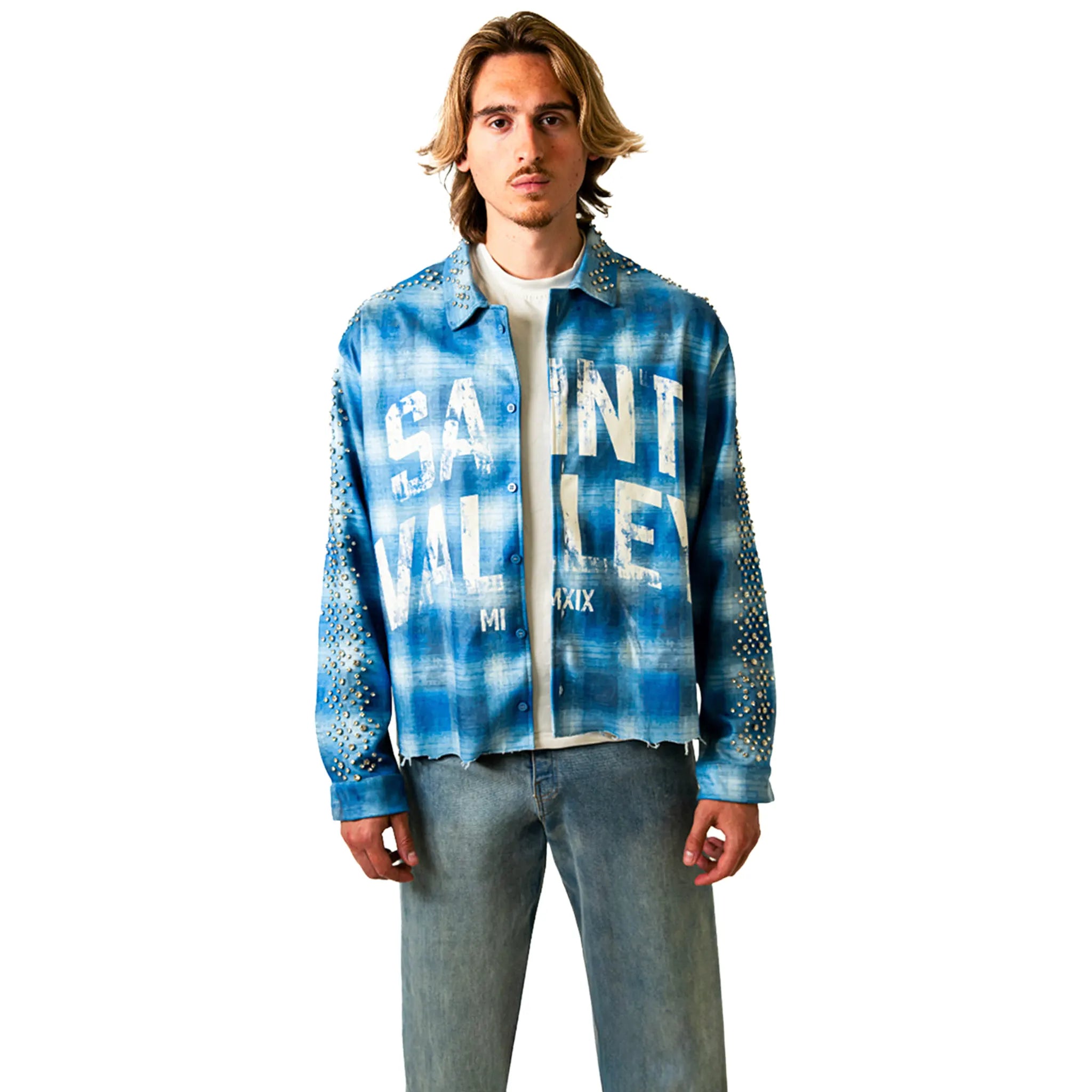 Front View of Suavo London Saint Valley Blue Flannel Shirt